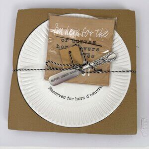 Mud Pie Appetizer Set White Ceramic Plate Silver Spreader Paper Napkins